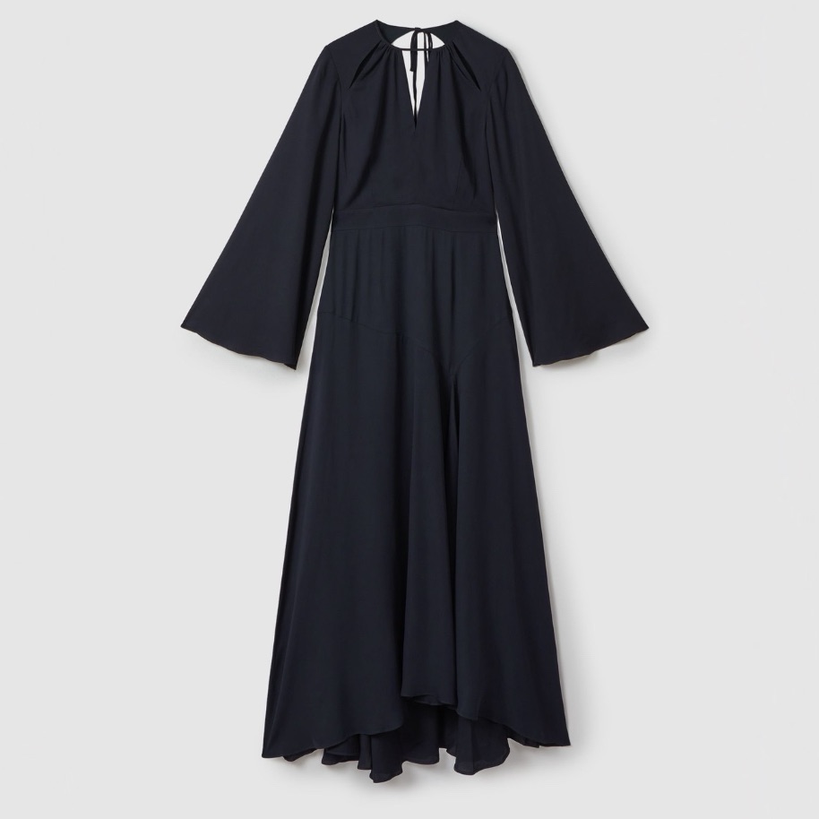 New Reiss Andra Flute Sleeve Midi Dress In Navy Size 12 Us / 16 Uk